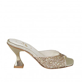 Woman's mules with crystal rhinestones in platinum laminated leather heel 8 - Available sizes:  32, 42