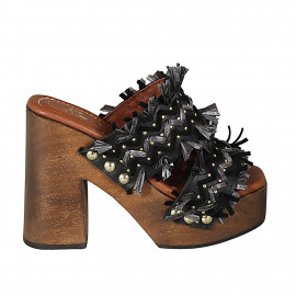 Woman's mule with platform, fringes and studs in black leather, suede and grey raffia heel 12 - Available sizes:  42, 45