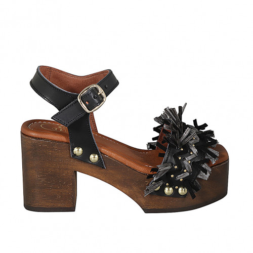 Woman's strap sandal with platform, fringes and studs in black leather, suede and grey raffia heel 8 - Available sizes:  45