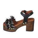 Woman's strap sandal with platform, fringes and studs in black leather, suede and grey raffia heel 8 - Available sizes:  45