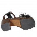 Woman's strap sandal with platform, fringes and studs in black leather, suede and grey raffia heel 8 - Available sizes:  45