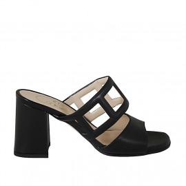 Woman's mules with squared holes in black leather heel 8 - Available sizes:  33, 42, 43