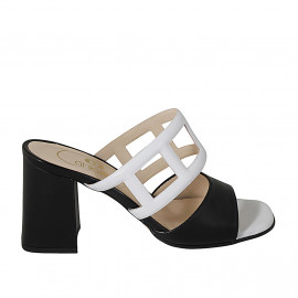 Woman's mules with squared holes in black and white leather heel 8 - Available sizes:  42, 43, 45