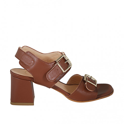 Woman's sandal with adjustable buckles in cognac brown leather heel 6 - Available sizes:  32, 34, 42, 43, 46