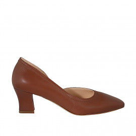 Escarpin pour femmes à côté ouvert en cuir cognac talon 5 - Pointures disponibles:  32, 33, 34, 42, 43, 44, 45, 46