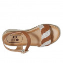 Woman's sandal in cognac brown leather and platinum printed beige leather with strap wedge heel 3 - Available sizes:  33