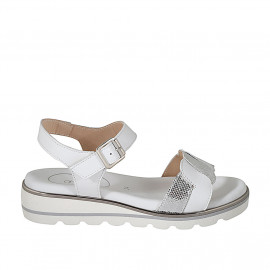 Woman's sandal in white leather and silver laminated printed leather with strap wedge heel 3 - Available sizes:  32