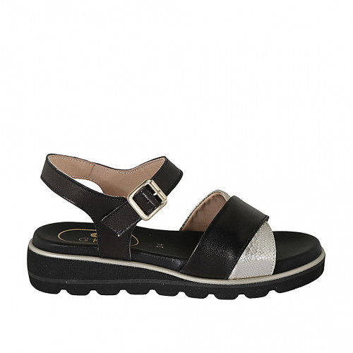 Woman's sandal in black leather and platinum laminated printed leather with strap wedge heel 3 - Available sizes:  32, 33, 43