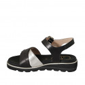 Woman's sandal in black leather and platinum laminated printed leather with strap wedge heel 3 - Available sizes:  32, 33, 43