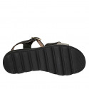 Woman's sandal in black leather and platinum laminated printed leather with strap wedge heel 3 - Available sizes:  32, 33, 43