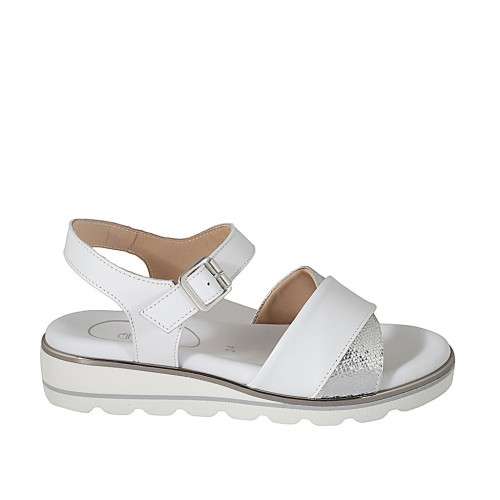 Woman's sandal in white leather and silver laminated printed leather with strap and crossed bands wedge heel 3 - Available sizes:  32, 33, 42