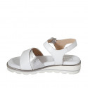 Woman's sandal in white leather and silver laminated printed leather with strap and crossed bands wedge heel 3 - Available sizes:  32, 33, 42