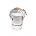 Woman's sandal in white leather and silver laminated printed leather with strap and crossed bands wedge heel 3 - Available sizes:  32, 33, 42