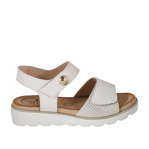 Woman's sandal with velcro strap and stud in white leather and platinum printed leather wedge heel 3 - Available sizes:  32, 42