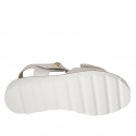 Woman's sandal with velcro strap and stud in white leather and platinum printed leather wedge heel 3 - Available sizes:  32, 42