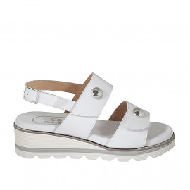 Woman's sandal with velcro strap and studs in white leather with wedge heel 4 - Available sizes:  43, 44