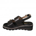 Woman's sandal in black leather and braided leather with velcro straps and studs wedge heel 4 - Available sizes:  43, 44, 45, 46