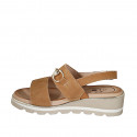 Woman's sandal with accessory in cognac brown leather wedge heel 4 - Available sizes:  42, 44, 46