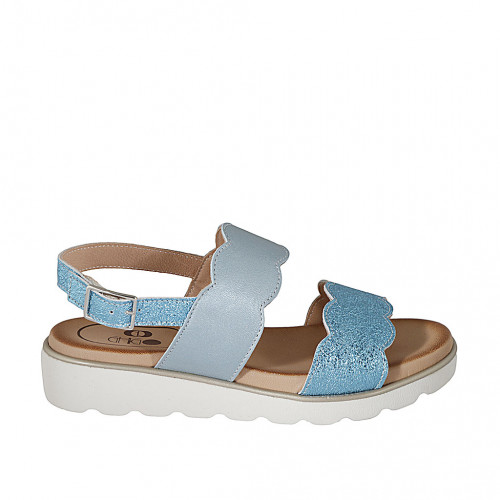 Sandale pour femmes en cuir lamé bleu ciel et bleu clair talon compensé 3 - Pointures disponibles:  32, 33, 42, 43, 44, 45, 46