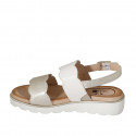 Woman's sandal in white leather and platinum laminated leather wedge heel 3 - Available sizes:  44, 45