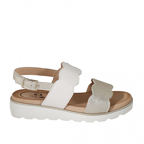 Woman's sandal in white leather and platinum laminated leather wedge heel 3 - Available sizes:  44, 45