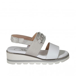 Woman's sandal with accessory in white and grey leather wedge heel 4 - Available sizes:  43, 45, 46