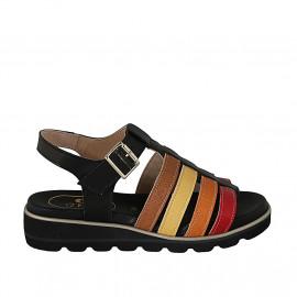 Woman's sandal with strap in black, cognac, yellow, orange and red leather wedge heel 3 - Available sizes:  43, 45