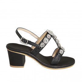 Woman's sandal  with crystal flower-shaped rhinestones in black leather heel 6 - Available sizes:  32, 33, 34, 42, 43, 44, 45, 46