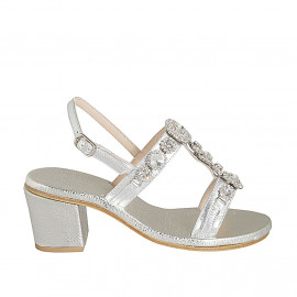 Sandale pour femmes avec strass de cristal en forme de fleurs en cuir lamé argent talon 6 - Pointures disponibles:  32, 34, 42, 43, 44