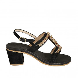 Woman's sandal with golden crystal rhinestones in black suede heel 6 - Available sizes:  32, 33, 34, 42, 43, 44, 46