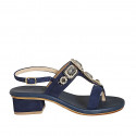 Sandalo a infradito da donna in camoscio blu con strass di cristalli quadrati tacco 4 - Misure disponibili: 32, 33, 34, 44, 46