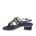 Sandalo a infradito da donna in camoscio blu con strass di cristalli quadrati tacco 4 - Misure disponibili: 32, 33, 34, 44, 46