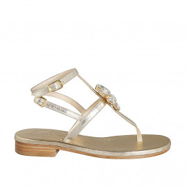 Woman's thong sandal with strap and rhinestones in platinum laminated leather heel 2 - Available sizes:  42, 44, 46