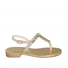 Woman's thong sandal in platinum laminated leather with multicolored crystal rhinestones heel 2 - Available sizes:  43