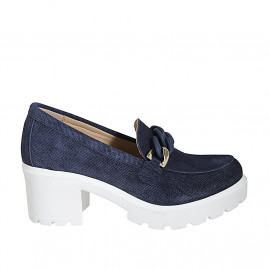 Woman's casual mocassin with chain in blue denim fabric heel 5 - Available sizes:  42, 45