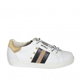 Woman's laced shoe in white, black and laminated bronze leather with studs and removable insole wedge heel 2 - Available sizes:  33