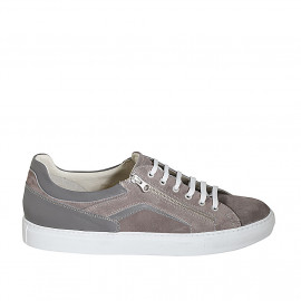 Men's laced casual shoe with zipper and removable insole in taupe leather and suede - Available sizes:  49, 51, 53