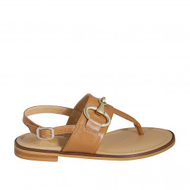 Woman's thong sandal with accessory in cognac brown leather heel 2 - Available sizes:  43