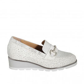 Woman's moccasin with accessory and removable insole in silver printed white suede wedge heel 4 - Available sizes:  44, 45