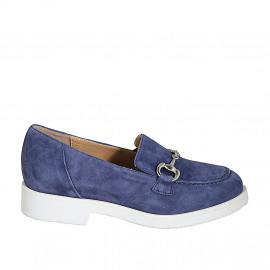 Woman's mocassin with accessory and removable insole in blue suede heel 3 - Available sizes:  31, 45