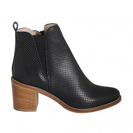 Woman's ankle boot with zipper and elastic band in black pierced leather with heel 7 - Available sizes:  42, 44