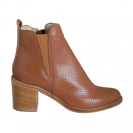 Woman's ankle boot with zipper and elastic band in cognac brown pierced leather heel 7 - Available sizes:  43, 44