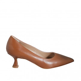 Women's pointy pump shoe in cognac brown leather with heel 5 - Available sizes:  33, 42, 44, 45, 46