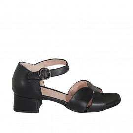 Woman's open shoe with strap in black and grey leather heel 4 - Available sizes:  32, 33, 34, 42, 43, 44, 45