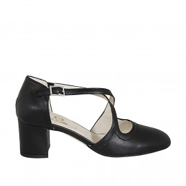 Woman's open shoe with crossed strap and elastic band in black leather heel 6 - Available sizes:  43, 44, 45