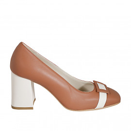 Woman's pump in cognac brown and light beige leather heel 8 - Available sizes:  32, 34, 42, 43