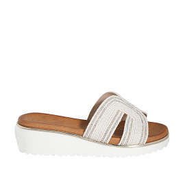 Woman's mules in white rope fabric with rhinestones and wedge heel 4 - Available sizes:  42, 43, 44, 45