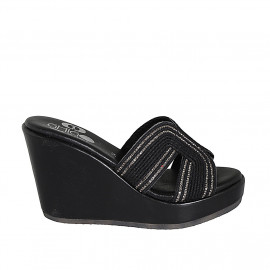 Woman's mules in black rope fabric with rhinestones, platform and wedge heel 9 - Available sizes:  42