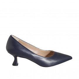 Zapato a punta para mujer en piel azul con tacon carrete 5 - Tallas disponibles:  32, 42, 43, 45, 46