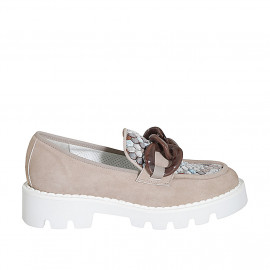 Woman's mocassin with chain in taupe suede and multicolored fabric heel 4 - Available sizes:  32, 33